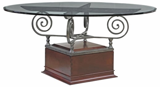 CUSTOM IRONWORK & MAHOGANY GLASS-TOP DINING TABLE