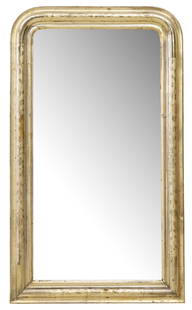 FRENCH LOUIS PHILIPPE PERIOD INCISED GILTWOOD WALL MIRROR: French Louis Philippe giltwood wall mirror, mid 19th c., having arched frame with incised foliate motifs, encasing beveled mirror plate, approx 48.75&quot;h, 28.5&quot;w, 38.75lbs