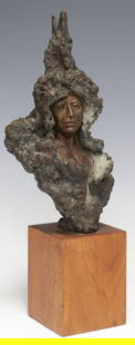 JUAN DELL (1933-2019) BRONZE SCULPTURE PLAINS INDIAN 'BEAR'S BELLY': Patinated bronze sculpture, "Bear's Belly," from the Plains Indian Series, c.1980, signed in cast Juan Dell (Glenna Juandell Wade, American, active in Texas and New Mexico, 1933-2019), numbered 6/ 30,