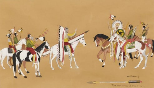CARL SWEEZY (D.1953) CHIEFS ON HORSEBACK FIGURAL PAINTING, 10" X 17"