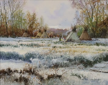 THOMAS deDECKER (B.1951) PAINTING, 'STAYING WARM, NATIVE AMERICANS' 16" X 20"