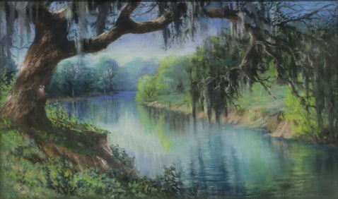 DOLLIE SPIDLE NABINGER (TX 1905-1988) PASTEL IDYLLIC FOREST LANDSCAPE