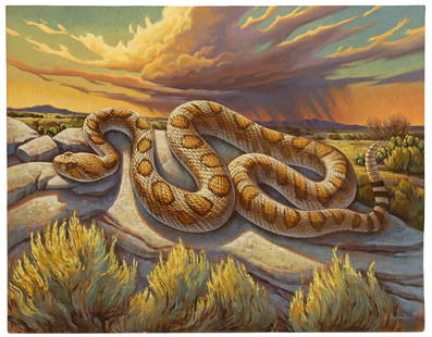 GREG NEWBOLD (B.1967) OIL PAINTING TEXAS RATTLESNAKE: Unframed oil on board painting, "Texas Devil" (rattlesnake), signed lower right Newbold (Gregory Leo Newbold, American, active in Utah, b.1967), titled and dated 2020 verso, overall: approx