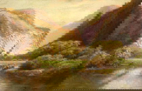 ROBERT ATKINSON FOX (1860-1935) PAINTING, YOSEMITE VALLEY LANDSCAPE, 12" X 18": Framed oil on canvas painting, Canyon Landscape, possibly the Half Dome and Merced River at Yosemite National Park, signed lower right R.A. Fox (Robert Atkinson Fox, Pennsylvania/ Illinois/ Canada,&nb