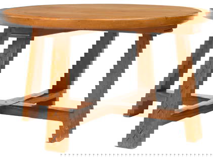 SOUTHWEST DATCHA RANCH CIRCULAR SLAB-TOP PINE COFFEE TABLE: Southwest Spanish Colonial style&nbsp;pine coffee table, attributed to Maximo &quot;Max&quot; Luna (1896-1964) for the Harwood Foundation in Taos, New Mexico, c.1930s, having circular slab top,&nbsp;1