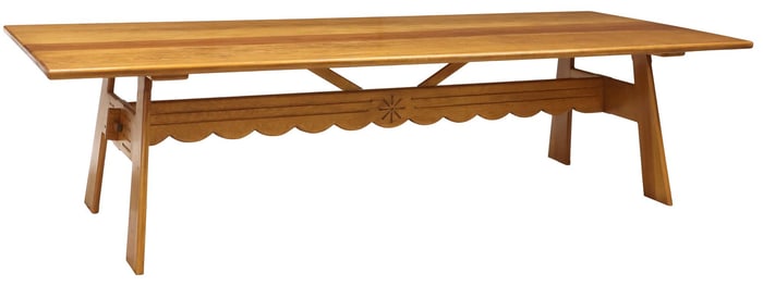 LARGE SOUTHWEST DATCHA RANCH CARVED PINE TRESTLE DINING TABLE, 118.5"L