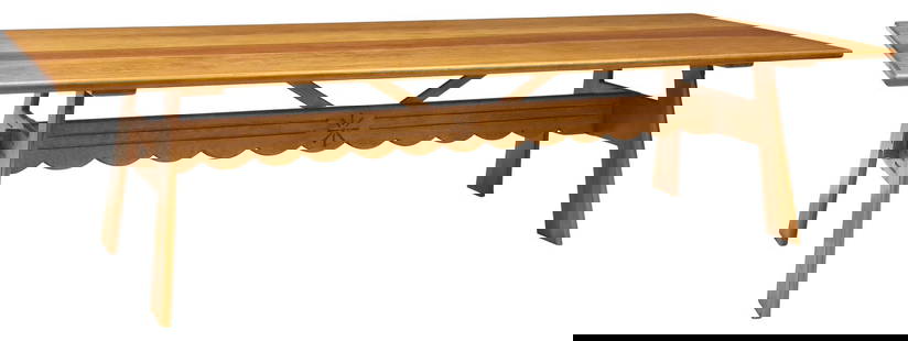 LARGE SOUTHWEST DATCHA RANCH CARVED PINE TRESTLE DINING TABLE, 118.5"L: Southwest Spanish Colonial style pine dining table, attributed to Maximo &quot;Max&quot; Luna (1896-1964) for the Harwood Foundation in Taos, New Mexico, c.1930s, having rectangular plank&nbsp;top, ra