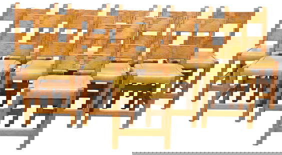 (10) SOUTHWEST DATCHA RANCH CARVED PINE DINING SIDE CHAIRS: (lot of 10) Southwest Spanish Colonial style pine side chairs, attributed to Maximo &quot;Max&quot; Luna (1896-1964) for the Harwood Foundation in Taos, New Mexico, c.1930s, mortise and tenon and pegg