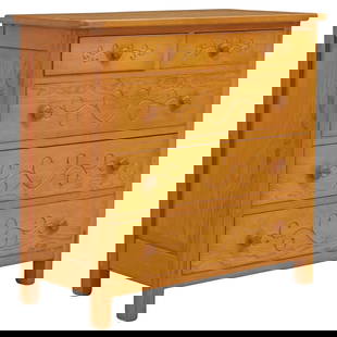 SOUTHWEST DATCHA RANCH CARVED PINE FIVE-DRAWER DRESSER: Southwest Spanish Colonial style&nbsp;pine dresser/ chest of drawers, attributed to Maximo &quot;Max&quot; Luna (1896-1964) for the Harwood Foundation in Taos, New Mexico, c.1930s, mortise and tenon a