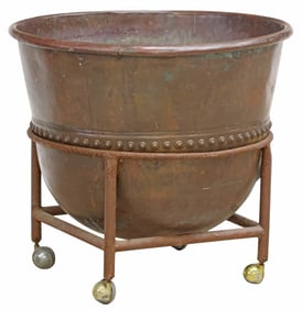 LARGE INDUSTRIAL COPPER CAULDRON ON CUSTOM IRON STAND