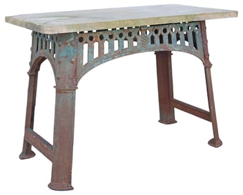 INDUSTRIAL CAST IRON TABLE BASE WITH STONE TOP