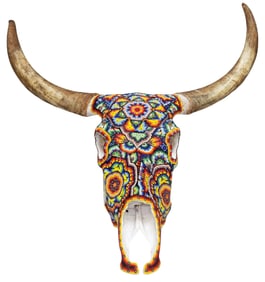 HUICHOL POLYCHROME-BEADED TAXIDERMY BULL SKULL, MEXICO