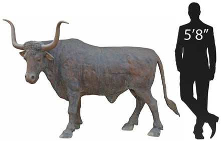 LIFE-SIZE PATINATED BRONZE SCULPTURE LONGHORN STEER, 62" X 101" X 49.5"