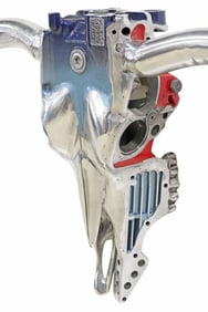 JAMES FERRARI (20TH C.) INDUSTRIAL CAR ENGINE LONGHORN SKULL SCULPTURE, 88"L
