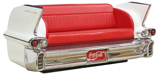 CUSTOM-MADE RETRO 1958 CADILLAC SERIES 62 COUPE UPHOLSTERED COUCH: Custom-made Retro sofa, fashioned from a 1958 Cadillac Series 62 Coupe, in a white-paint with chrome accents, red upholstered bench seat with stitched quilting, branded Coca-Cola license plate, operat