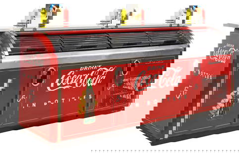VICTOR COCA-COLA FOUR-DOOR BAR-TOP COOLER, MODEL C-45, 1941: Vintage Coca-Cola bar-top cooler, c.1941, manufactured by Victor Vending Company, model C-45, later formica-top bar with condiment storage, over red enameled steel case with embossed and stenciled bra