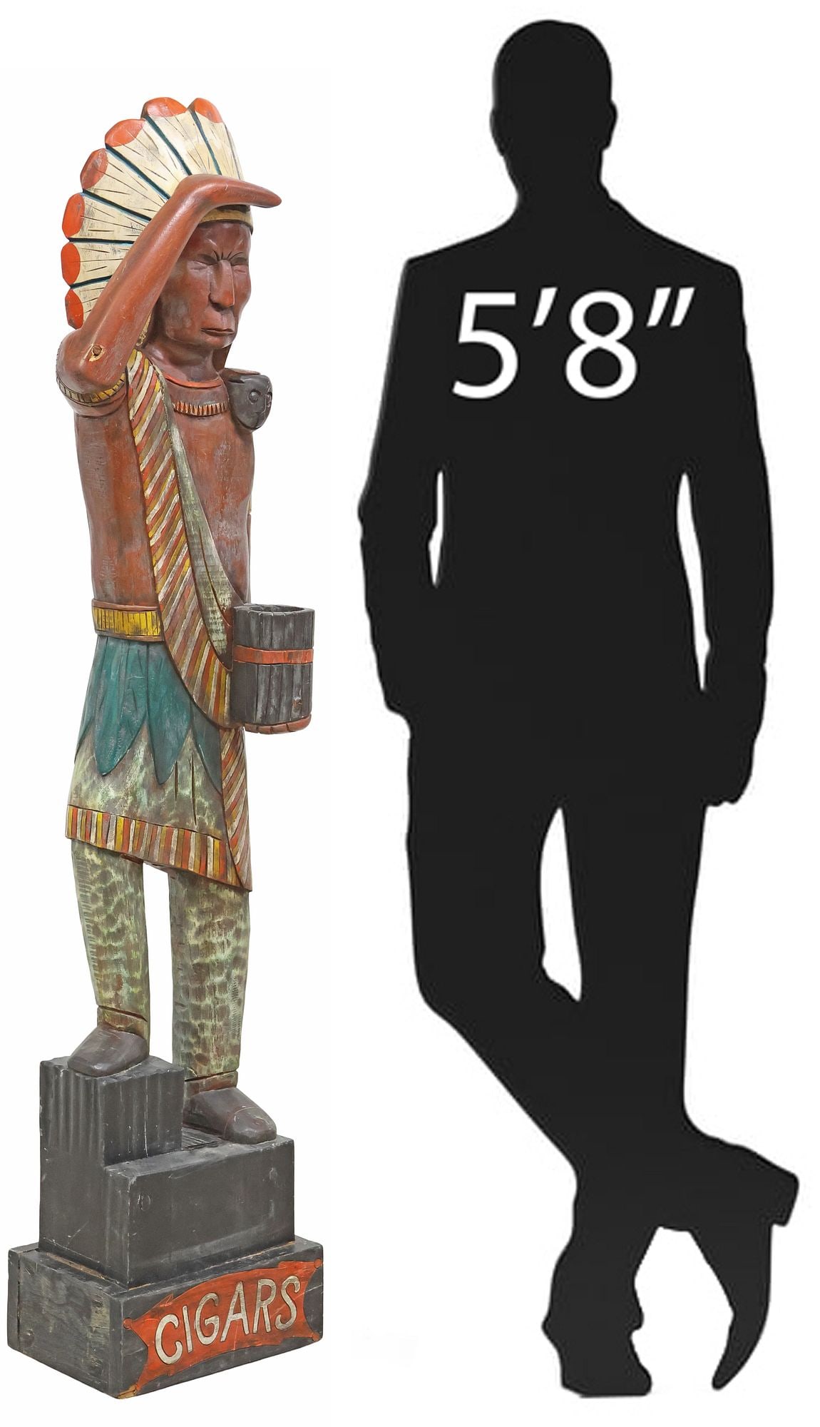NEAR-LIFE-SIZE CARVED & PAINTED WOOD CIGAR STORE INDIAN, 66.5"H (1 of 5)