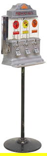 TROPICAL TRADING CO. "CHALLENGER" COIN-OPERATED HOT NUT DISPENSER, 1940s: Vintage "Challenger" coin-operated hot nut dispenser, c.1947, manufactured by Tropical Trading Company, arched aluminum top with pierced signage, over three reverse-painted glass receptacles designati