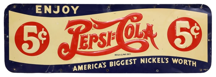 VINTAGE PEPSI-COLA EMBOSSED TIN ADVERTISING SIGN, 10" X 30"