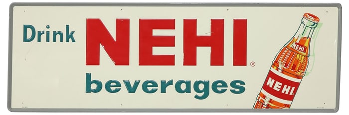 VINTAGE NEHI EMBOSSED METAL SODA ADVERTISING SIGN, 18" X 54"