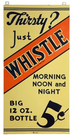 VINTAGE WHISTLER SODA POP TIN ADVERTISING SIGN, 1930s