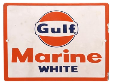 VINTAGE GULF MARINE WHITE ENAMELED PORCELAIN PUMP PLATE SIGN