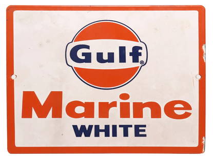 VINTAGE GULF MARINE WHITE ENAMELED PORCELAIN PUMP PLATE SIGN: Vintage single-sided Gulf White Marine&nbsp;pump plate sign, enameled porcelain over steel, of tapering&nbsp;rectangular form, featuring round Gulf logo on white ground with red trim, some loss and ru