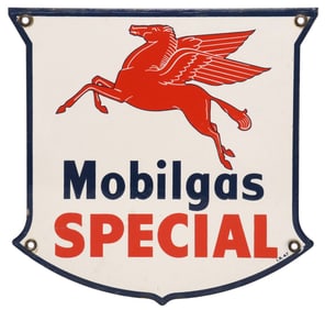 VINTAGE 1947 MOBILGAS SPECIAL PEGASUS LOGO PORCELAIN PUMP PLATE SIGN