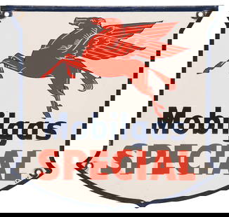 VINTAGE 1947 MOBILGAS SPECIAL PEGASUS LOGO PORCELAIN PUMP PLATE SIGN: Vintage single-sided Mobilgas Special pump plate sign, dated 1947, enameled porcelain over steel, in the form of a five-point shield, featuring the Mobilgas red Pegasus logo above inscription I.R. 47,