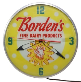 VINTAGE PAM CLOCK CO. BORDEN'S ADVERTISING ILLUMINATED WALL CLOCK