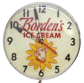 PAM CLOCK CO. BORDEN'S ICE CREAM ADVERTISING ILLUMINATED WALL CLOCK