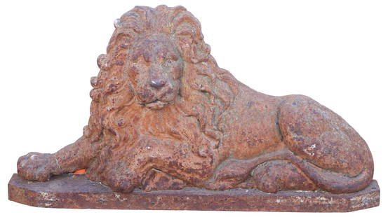 VICTORIAN CAST IRON RECUMBENT LION FIRESCREEN / GARDEN FIGURE: English Victorian figural cast iron fireplace screen or garden figure, late 19th c., modeled as a recumbent lion, on integral platform, approx 15"h, 28.5"w, 5"d **PLEASE NOTE: All