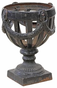 BLACK-PAINTED CAST IRON PIERCED GARDEN URN / PLANTER BASE