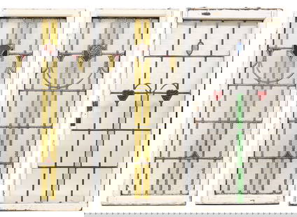 (3) LARGE ENGLISH ARCHITECTURAL STAINED & LEADED GLASS WINDOWS: (lot of 3) Large English architectural stained and leaded glass windows, early 20th c., white painted wood frames, encasing textured clear and multicolored glass panels, including: (2) having vertical