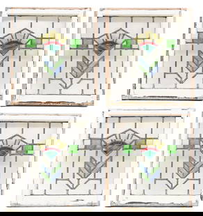 (4) ENGLISH ARCHITECTURAL STAINED & LEADED GLASS WINDOWS: (lot of 4) English architectural stained and leaded glass windows, early 20th c., white painted wood frames, encasing clear and multicolored textured glass panels, forming geometric fan above stacked