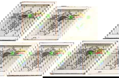 (5) ENGLISH ARCHITECTURAL STAINED & LEADED GLASS WINDOWS: (lot of 5) English architectural stained and leaded glass windows, early 20th c., white painted wood frames, encasing clear and multicolored textured glass panels, forming central geometric pattern,&n