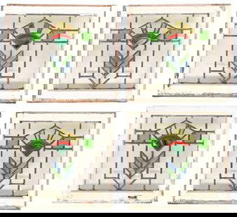(4) ENGLISH ARCHITECTURAL STAINED & LEADED GLASS WINDOWS: (lot of 4) English architectural stained and leaded glass windows, early 20th c., white painted wood frames, encasing clear and multicolored textured glass panels, forming geometric fan above stacked