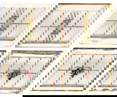 (4) ENGLISH ARCHITECTURAL STAINED & LEADED GLASS WINDOWS: (lot of 4) English architectural stained and leaded glass windows, early 20th c., white painted wood frames, encasing clear and multicolored textured glass panels, including: (pair) with diamond motif
