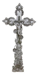 LARGE FRENCH CAST IRON CRUCIFIX CROSS, 59.5"H: Large French cast iron cross, 20th c., in a later silver painted finish, openwork detail, over central crucifix of Corpus Christi, above trailing floral and foliate base, approx 59.5&quot;h, 29.5&quot