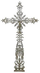 FRENCH PAINTED CAST IRON CRUCIFIX CROSS, 19TH C.: French silver painted cast iron cross, 19th c., flat open-work foliate scroll cross, centering figural crucifix, flanked below by two angels, evidence of outdoor use, approx 48.75&quot;h, 26&quot;w&nb
