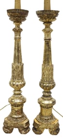 (2) CONTINENTAL BAROQUE STYLE PARCEL GILT CANDLE PRICKET 1-LT FLOOR LAMPS, 54"H