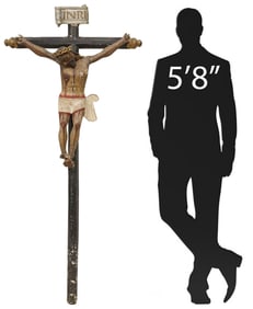LARGE MEXICO CARVED & PAINTED CRUCIFIX WITH CROWNED CHRIST FIGURE, 68"H
