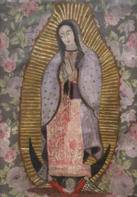 FRAMED MEXICAN SCHOOL PAINTING, OUR LADY OF GUADALUPE, 52" X 36"
