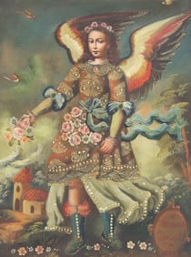 FRAMED CUSCO SCHOOL RELIGIOUS OIL PAINTING, ARCHANGEL JEGUDIEL