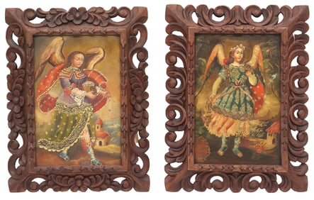 (2) FRAMED CUSCO SCHOOL RELIGIOUS OIL PAINTINGS, ARCHANGEL BARACHIEL