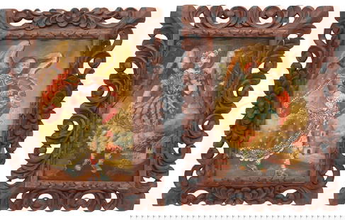 (2) FRAMED CUSCO SCHOOL RELIGIOUS OIL PAINTINGS, ARCHANGEL BARACHIEL: (lot of 2) Framed Cusco School oil on canvas paintings, Archangel Barachiel, both apparently unsigned, including: (1) depicting the Archangel scattering rose petals, (1) inscribed &quot;Arcangel Barac