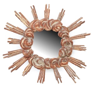 RELIGIOUS CARVED & PAINTED SUNBURST WALL MIRROR, 28 5/8"DIAM