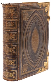 ANTIQUE ENGLISH LEATHER & BRASS BOUND HOLY BIBLE