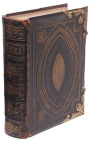 ANTIQUE ENGLISH LEATHER & BRASS BOUND HOLY BIBLE