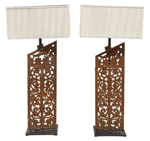 (2) LARGE CONTINENTAL CAST IRON ARCHITECTURAL PANELS NOW AS LAMPS, 49"H